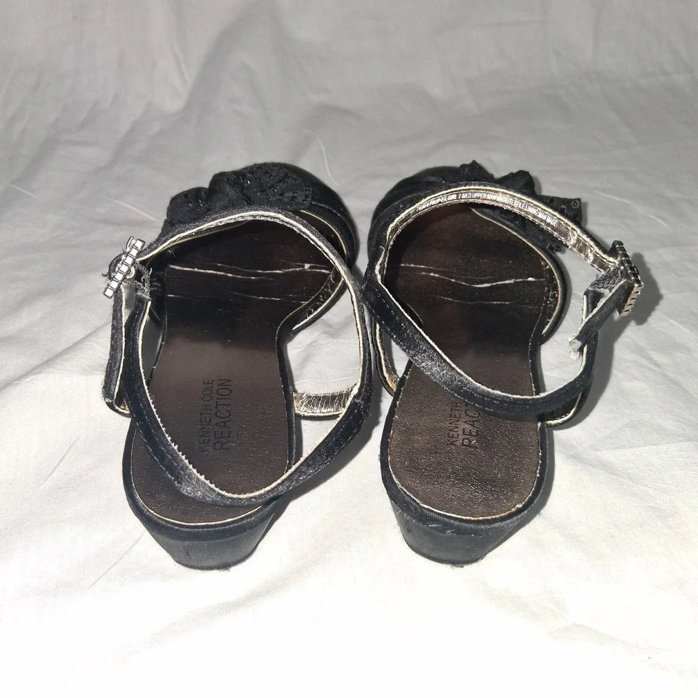 Kenneth Cole Reaction Girls Black Satin Bow Dress Sandals Rhinestone Buckle Sz 2